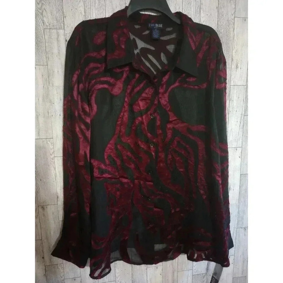 Eva Blue Tops - Vintage Eva Blue Blouse Black & Wine Sheer Long Sleeve Size 24 NWT